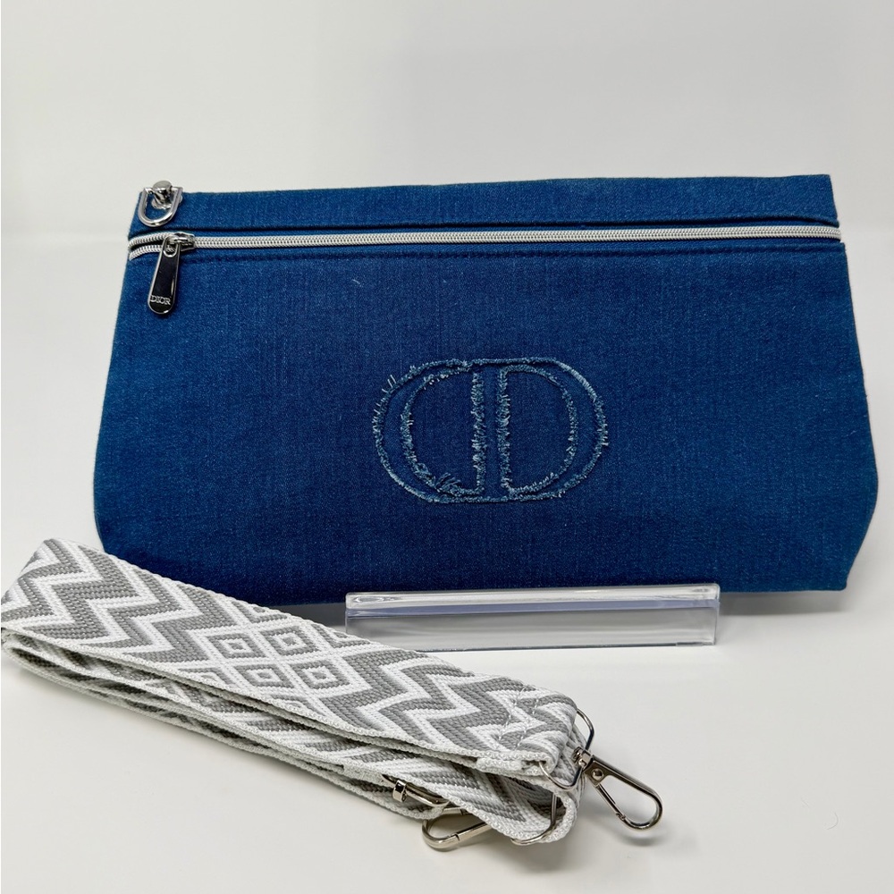 Dior Beaute Denim Cosmetic Bag with Gray/White Removable Guitar Strap